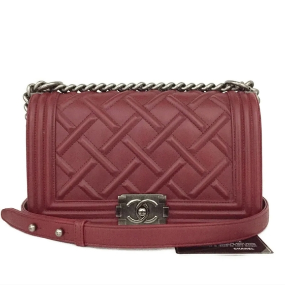 CHANEL Bordeaux Boy CC Logo Calfskin Chain Shoulder Bag - Picture 1 of 11